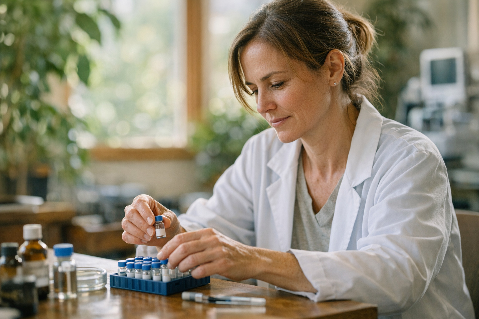 Healthcare professional administering peptide injection to a patient in a natural therapy clinic, demonstrating peptides for healing