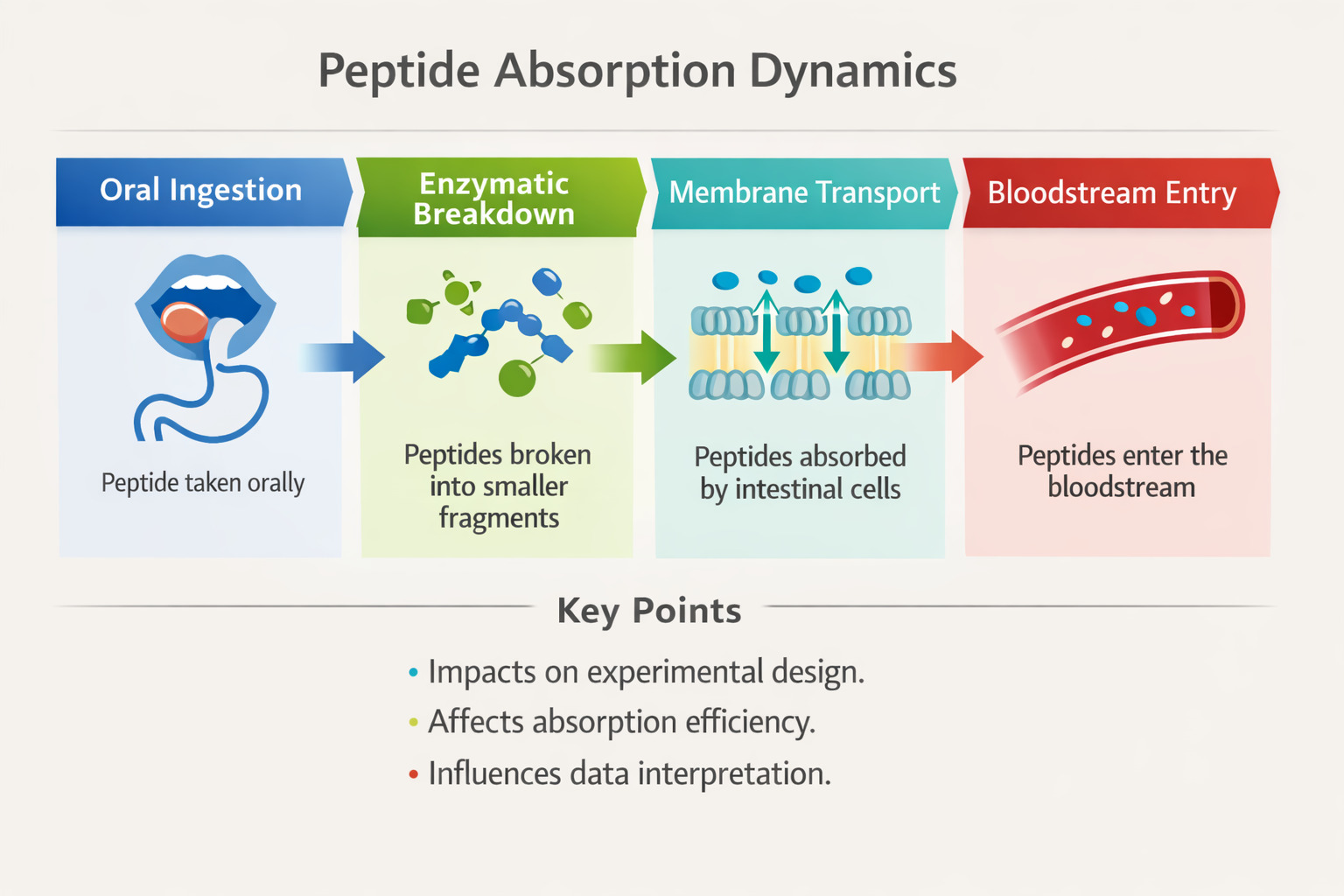 Infographic explaining peptide absorption dynamics and their impact on experimental design and data interpretation as part of how do peptide pharmacokinetics impact research outcomes? A detailed guide