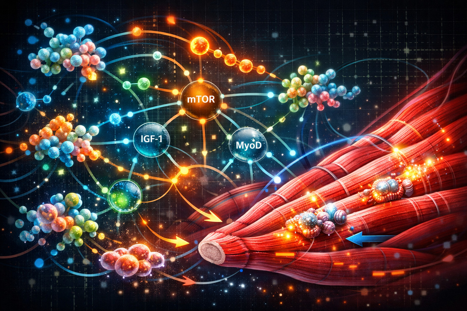 Conceptual illustration of molecular interplay in peptide signaling pathways coordinating muscle protein synthesis and regeneration for muscle growth