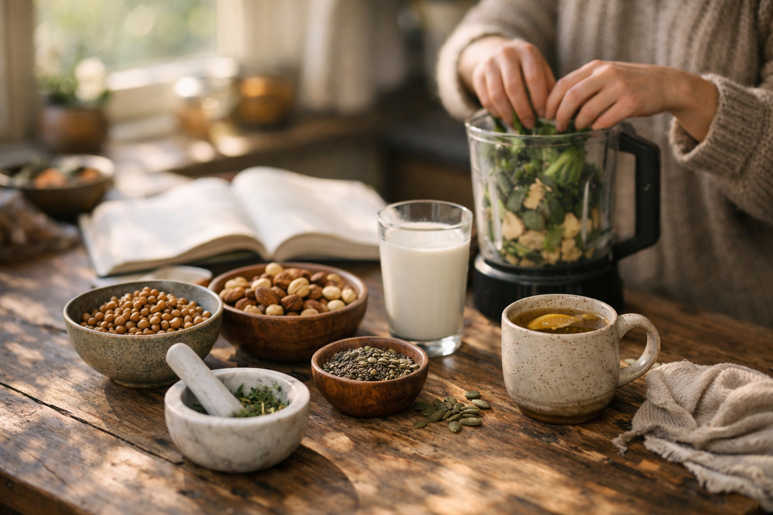 Natural kitchen scene showing dietary and natural sources of bioactive peptides impacting fat metabolism for understanding the role of peptides in fat metabolism: research insights