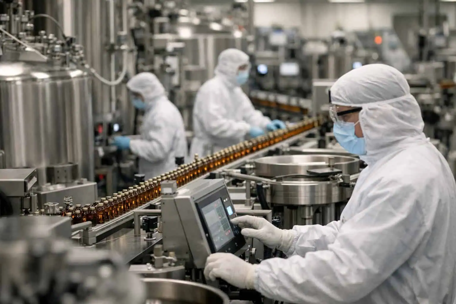 Pharmaceutical manufacturing facility with workers and machinery producing amino acid pharmaceuticals, highlighting industrial production challenges and solutions