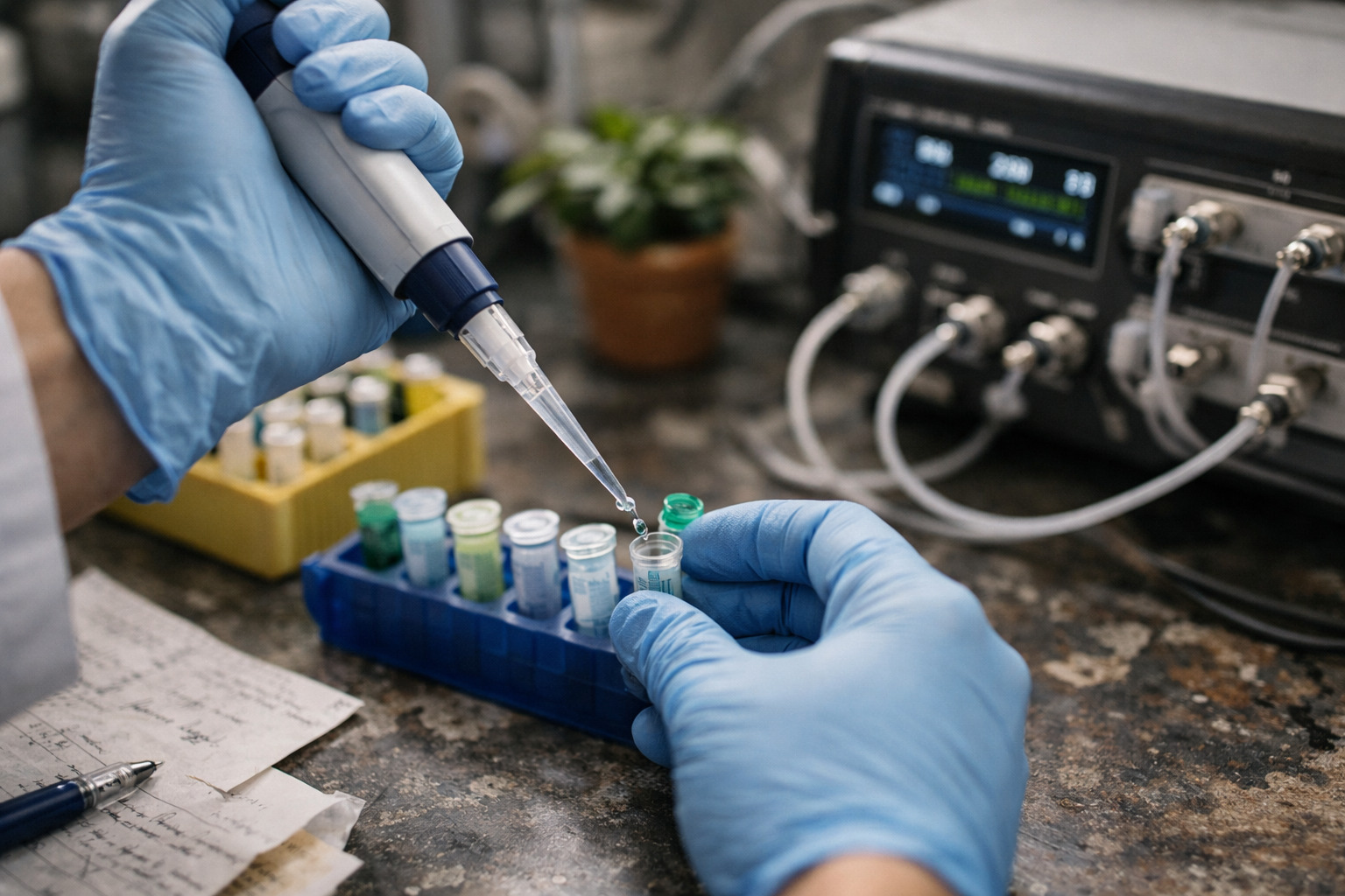 Scientist preparing samples to study how research peptides affect mitochondrial function and energy metabolism in a laboratory setting