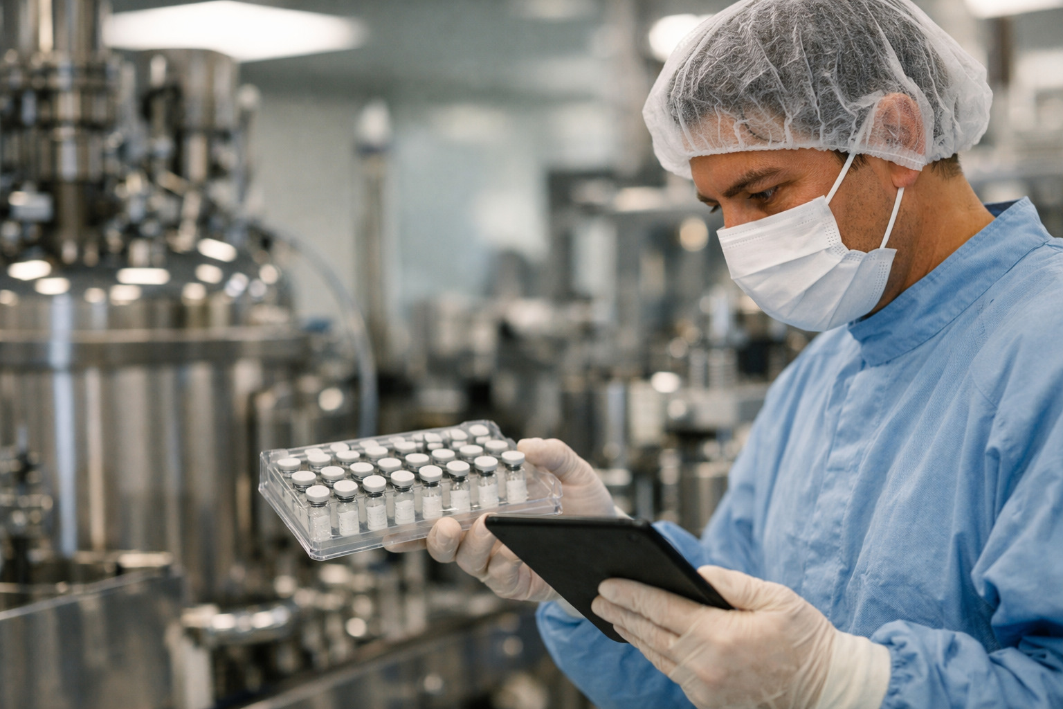 Technician inspecting pharmaceutical peptide packaging in a GMP-certified manufacturing facility demonstrating what are the chemical and regulatory differences between research peptides and pharmaceuticals