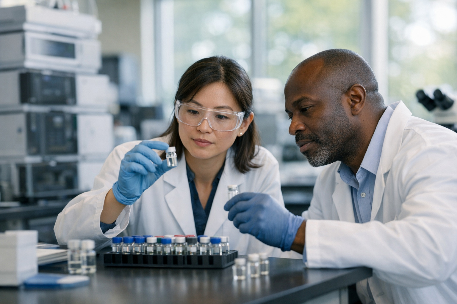 Scientists in a modern lab verifying research peptides legit with advanced equipment and peptide vials