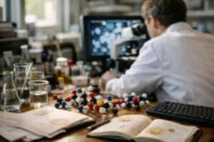 Researcher working in a modern laboratory surrounded by amino acid molecular models and scientific equipment, illustrating amino acid pharmaceuticals in a real-world setting