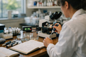 Scientist working in a modern lab investigating how peptides influence cellular signaling pathways in research, with natural light highlighting experimental tools and notes.