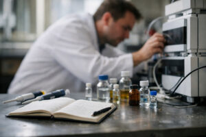 A scientist working in a modern lab, interpreting analytical methods for peptide purity and batch testing with HPLC equipment and lab tools on a cluttered bench