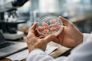 Scientist examining cell cultures in a petri dish in a modern lab, illustrating peptides for healing research