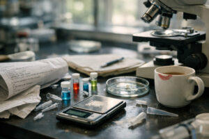 A biochemical research laboratory bench showing peptide synthesis tools and materials illustrating why does peptide sequence affect research stability and function? exploring structure-activity relationships