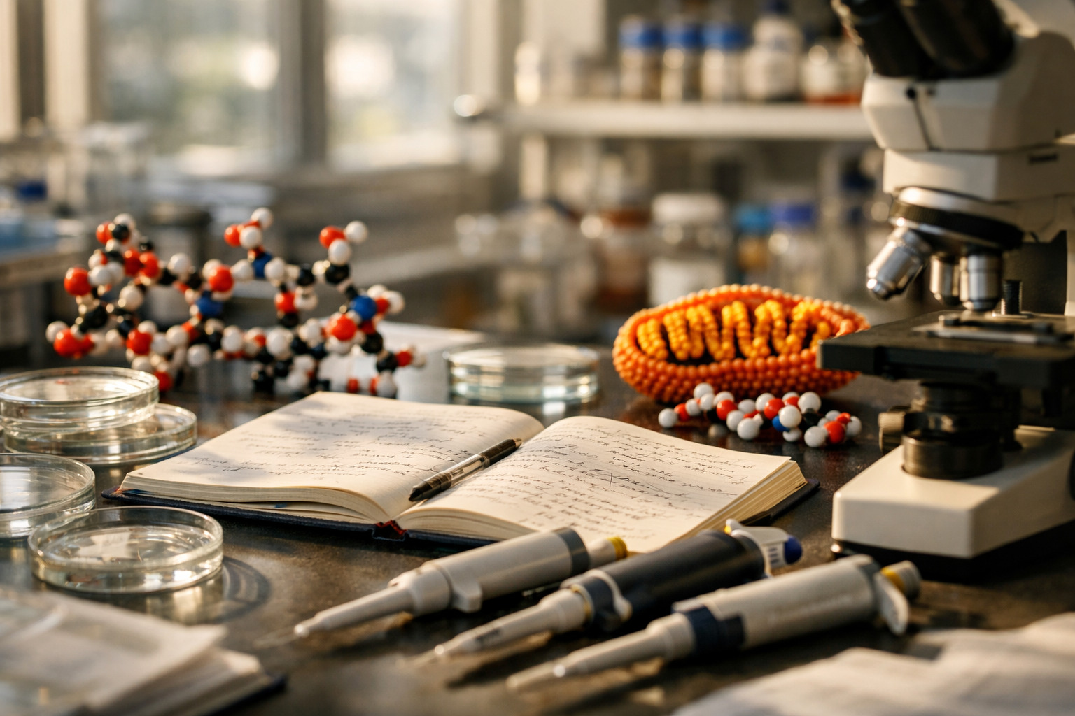 Realistic laboratory scene illustrating how research peptides affect mitochondrial function and energy metabolism with scientific equipment and molecular models on a cluttered bench