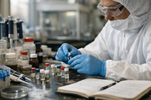 Researcher wearing personal protective equipment carefully handling research chemicals including peptides in a natural-lit laboratory, illustrating what are the safety protocols for handling research chemicals including peptides