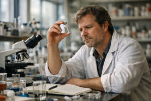 Scientist carefully examining a peptide vial in a cluttered laboratory, illustrating what are the chemical and regulatory differences between research peptides and pharmaceuticals