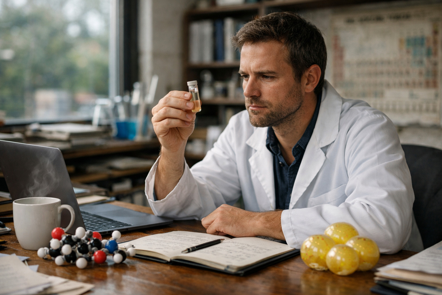 Researcher in a scientific laboratory studying molecular models of peptides in fat metabolism: understanding the role of peptides in fat metabolism: research insights