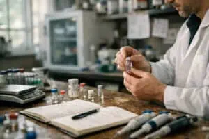 Laboratory workspace illustrating what factors influence the stability and storage of research peptides with peptide vials, lab equipment, and a scientist handling samples in natural light