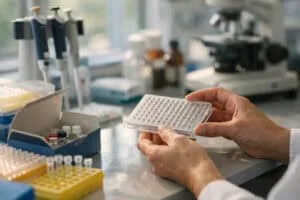 Biomedical research laboratory scene showing peptide-based ELISA kit and researcher handling ELISA plate, illustrating how peptide-based ELISA facilitates thymosin beta-4 quantification in research