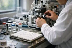 Modern laboratory scene illustrating why do research peptides exhibit variable purity with a researcher working amid peptide synthesis equipment and notes