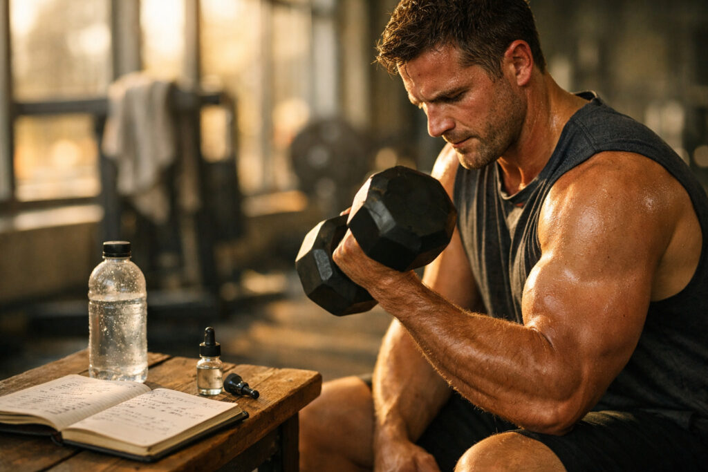 A muscular man performing bicep curls in a sunlit gym with research peptides vial on a nearby bench, illustrating the use of research peptides for muscle growth