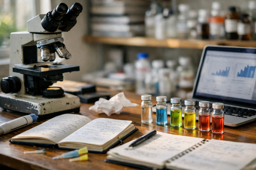 Modern laboratory workspace illustrating how do peptide pharmacokinetics impact research outcomes? A detailed guide with scientific equipment and peptide solutions in natural light