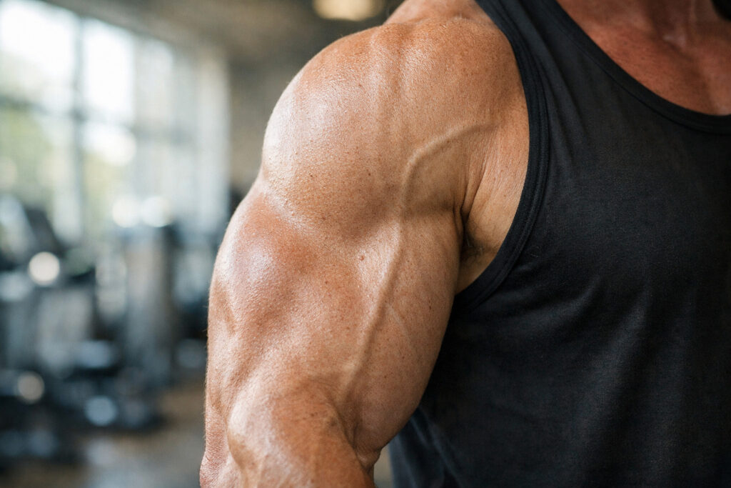 Close-up photo of a muscular upper arm highlighting muscle fibers illustrating how do peptide signaling pathways influence muscle growth? A molecular perspective