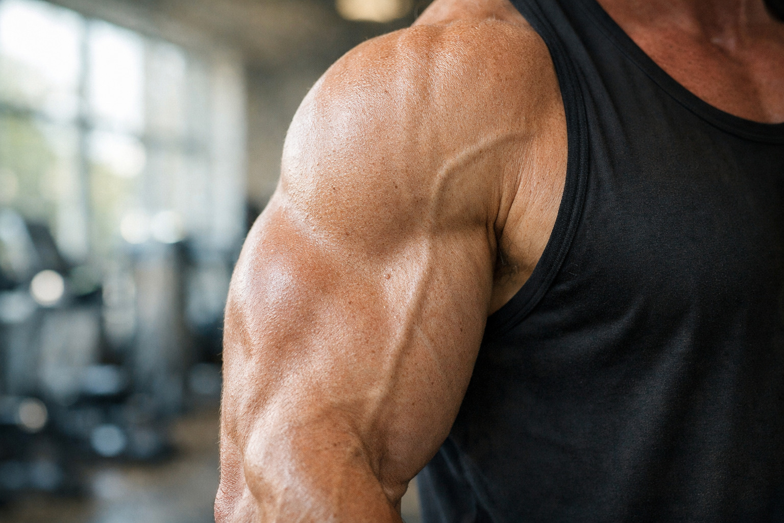 Close-up photo of a muscular upper arm highlighting muscle fibers illustrating how do peptide signaling pathways influence muscle growth? A molecular perspective