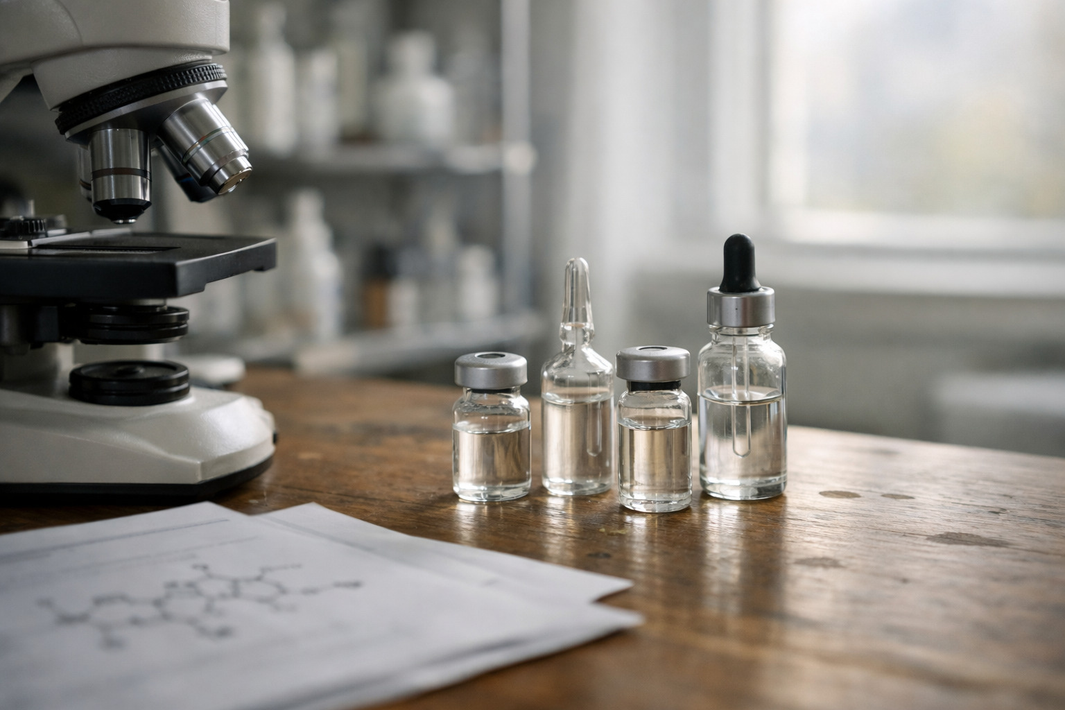 Dermatologist’s modern workspace with peptide vials and research papers highlighting research peptides for skin regeneration