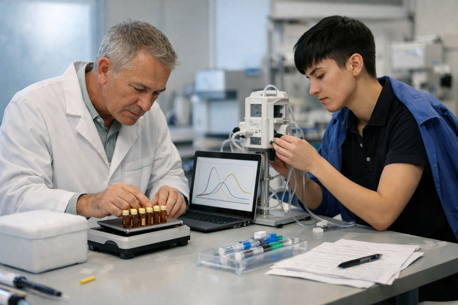 Two scientists setting up dosing and PK/PD experiments in a modern lab with blue and green accents, focused on GLP-3 Peptides in Metabolic Research