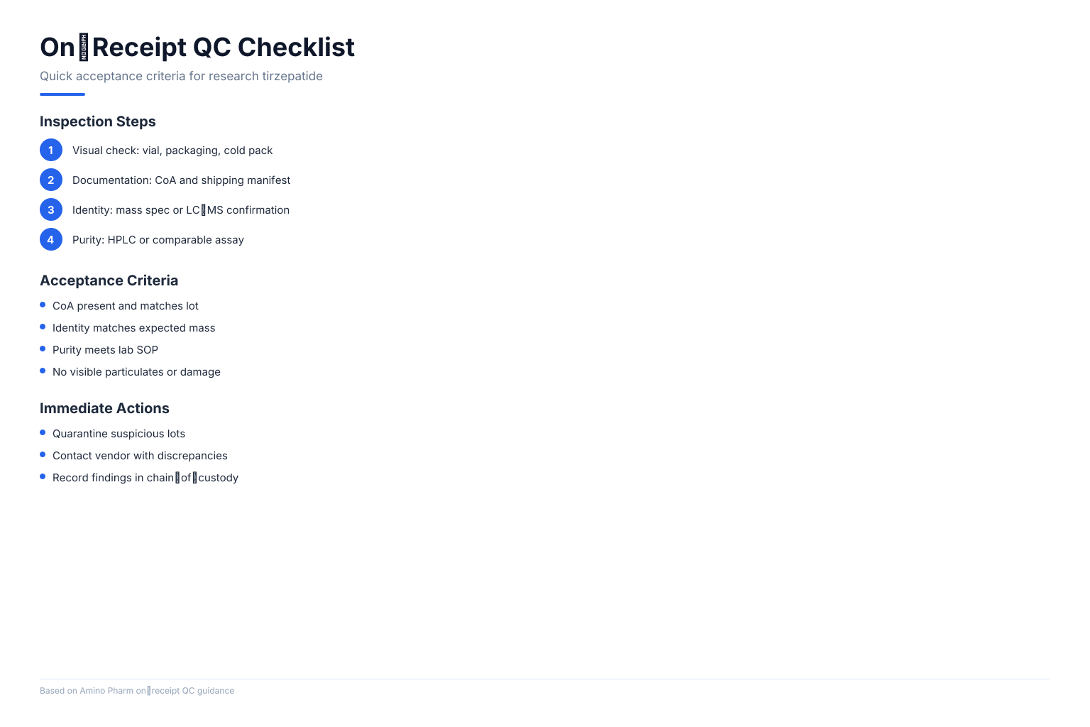 Infographic checklist summarizing on-receipt QC for Tirzepatide for Research including inspection steps and acceptance criteria