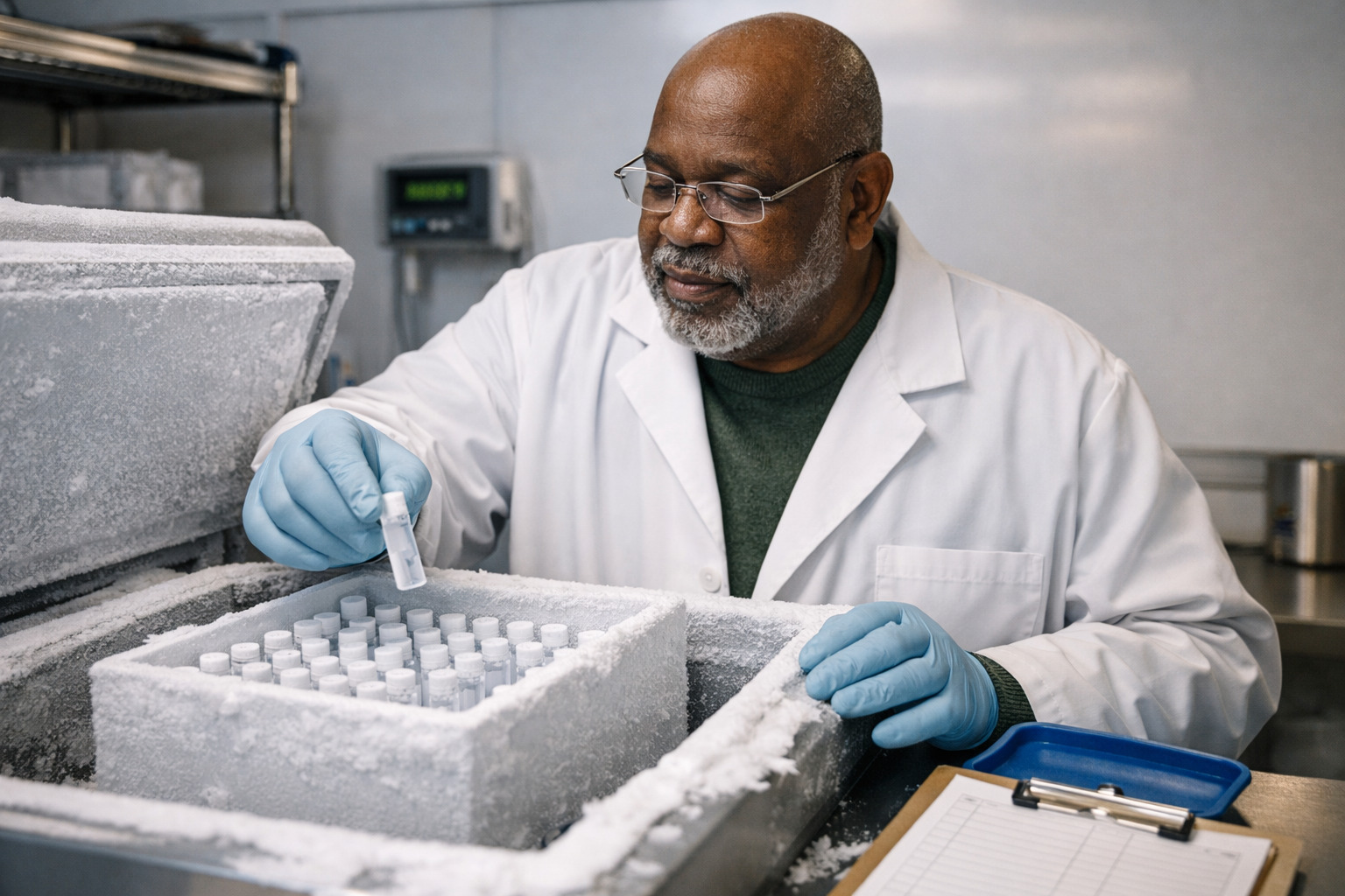 Lab technician removing a vial from an ultra-low freezer in a clean cold-storage area, illustrating storage and handling for Tirzepatide for Research