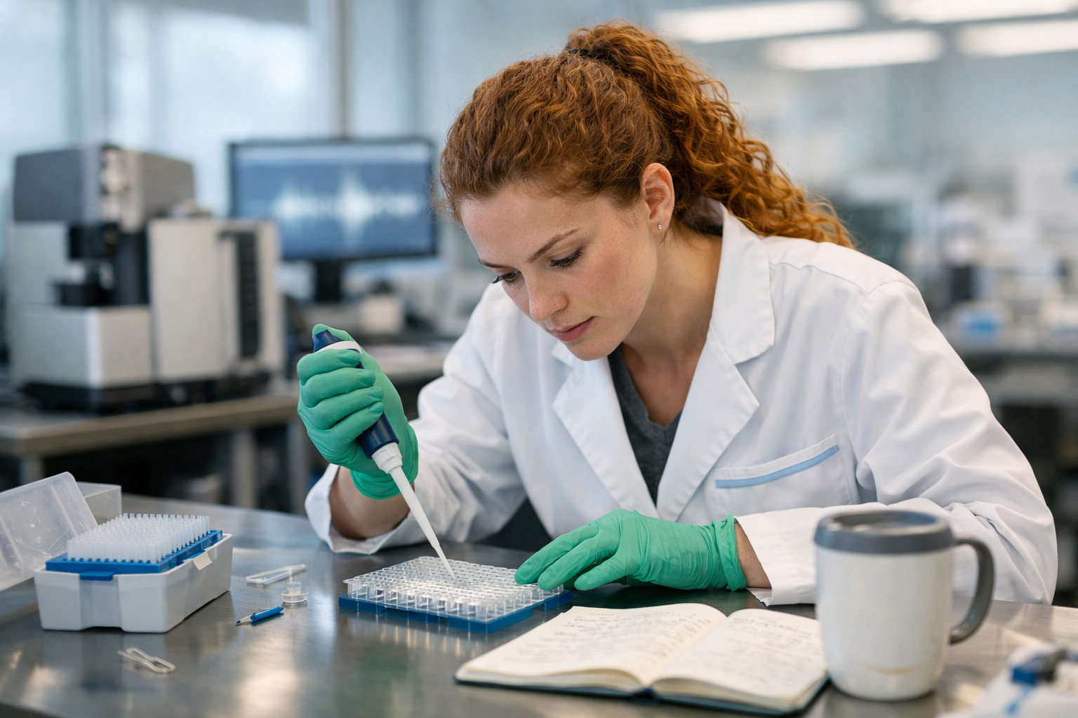 Young researcher pipetting at a bright lab bench with blue and green accents, illustrating GLP-3 Peptides in Metabolic Research in a high-end laboratory setting