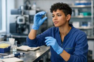 Researcher inspecting a vial in a bright lab, representing Tirzepatide for Research procurement and quality-minded handling