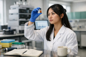 Young scientist inspecting a vial in a bright lab, illustrating concerns about Peptide Lab Purity and the reliability of a '99% pure' label
