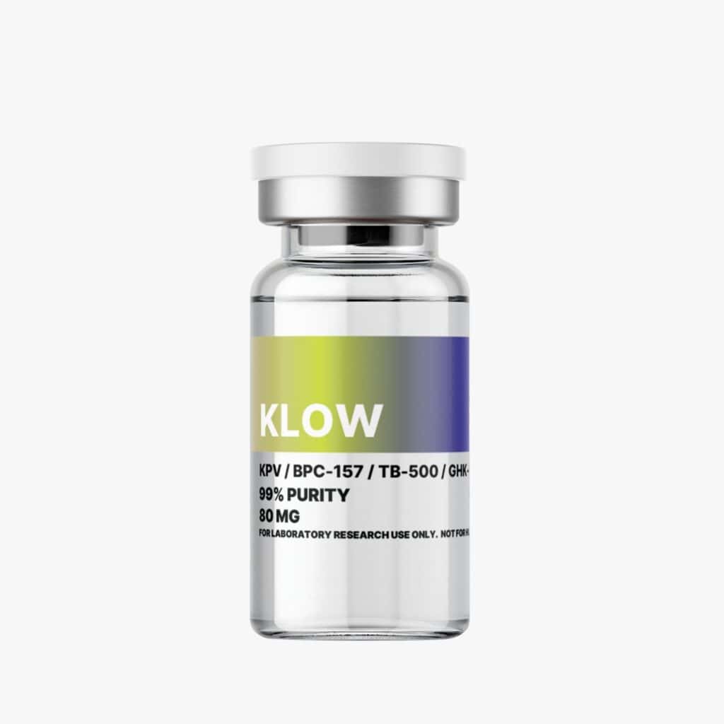 KLOW amino acid supplement bottle with 99% purity, 80mg dosage, designed for laboratory research use, from Amino Pharm.