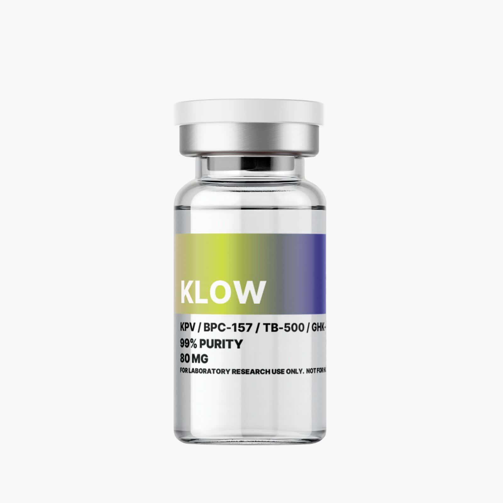 KLOW amino acid supplement bottle with 99% purity, 80mg dosage, designed for laboratory research use, from Amino Pharm.