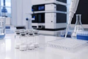Laboratory scene with test tubes, pipette, and scientific instruments for amino supplement research at Amino Pharm.