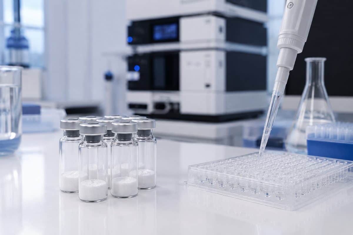 Laboratory scene with test tubes, pipette, and scientific instruments for amino supplement research at Amino Pharm.