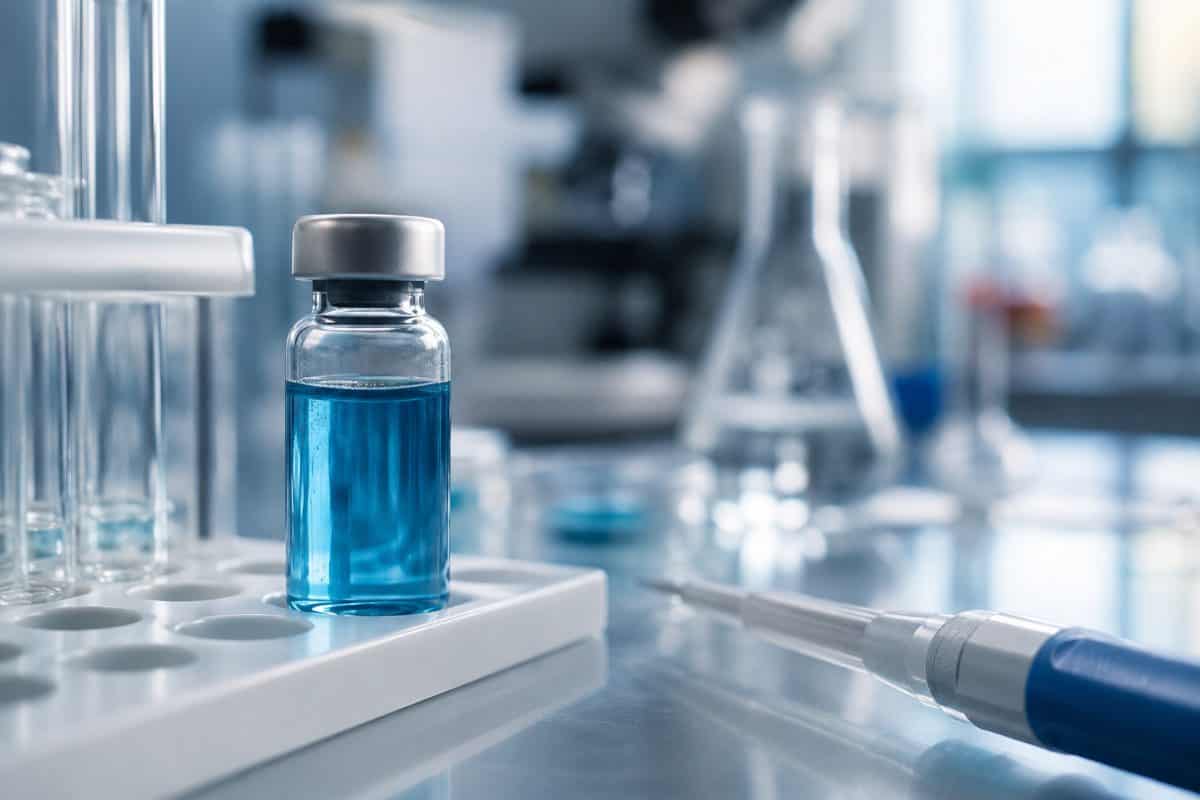 Close-up of a laboratory scene with a small glass vial containing blue liquid, surrounded by laboratory equipment and a pipette, representing amino acid supplements and research.