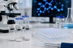 Laboratory scene with test tubes, microscope, and scientific equipment for amino acid supplement research at Amino Pharm.