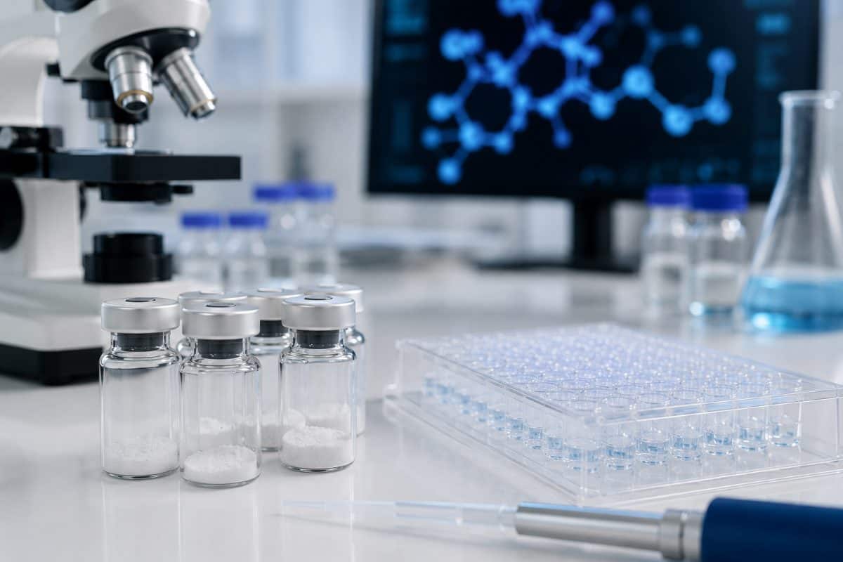 Laboratory scene with test tubes, microscope, and scientific equipment for amino acid supplement research at Amino Pharm.