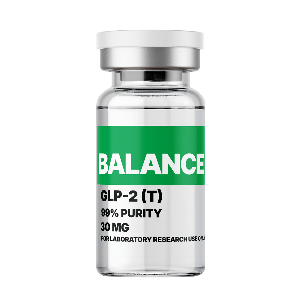 Amino Pharm Balance GLP-2 supplement bottle with 99% purity, 30 mg for laboratory research, featuring a green and white label and silver cap.