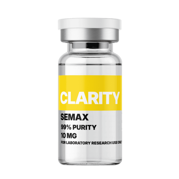 Clarity Semax 10mg vial with yellow and white label, used for laboratory research, emphasizing purity and effectiveness in nootropic and cognitive enhancement studies.
