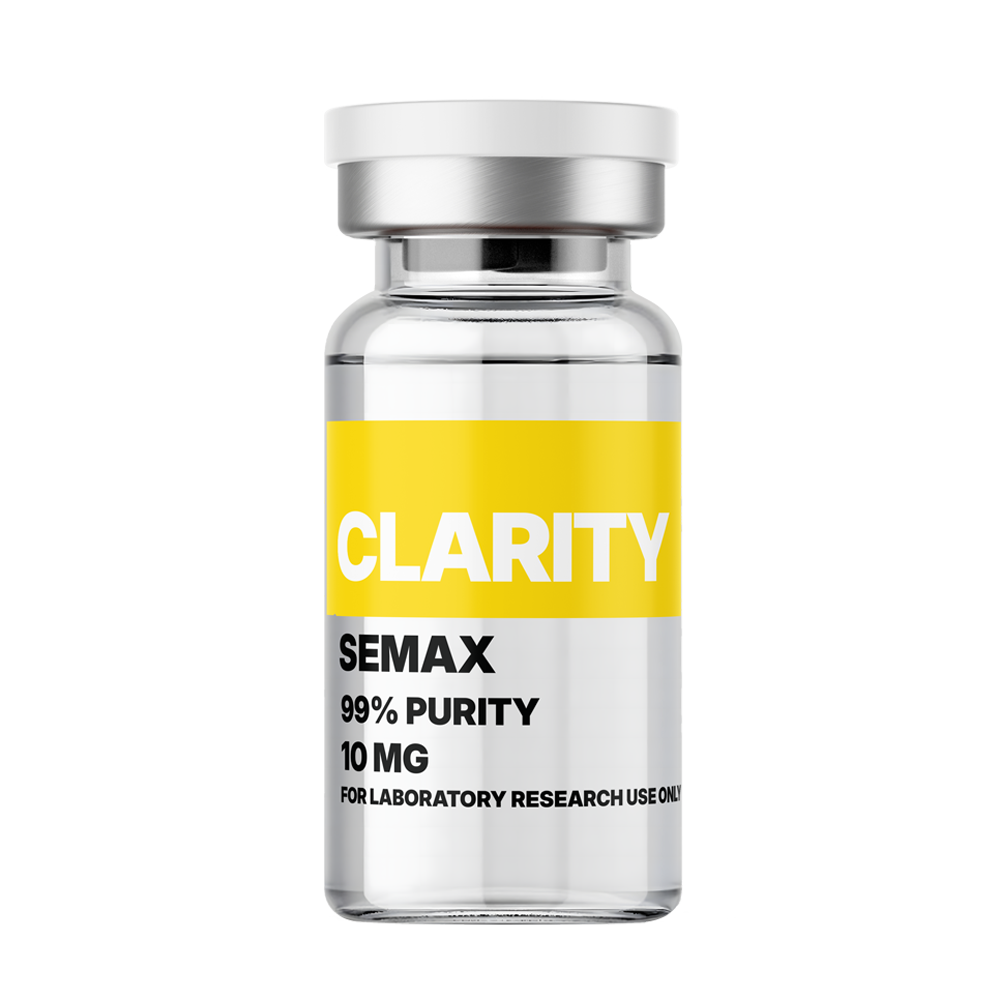 Clarity Semax 10mg vial with yellow and white label, used for laboratory research, emphasizing purity and effectiveness in nootropic and cognitive enhancement studies.