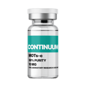A clear glass vial labeled 'Continuum MOTs-c 99% Purity 10 mg' with a white cap, used for laboratory research and dietary supplement purposes.