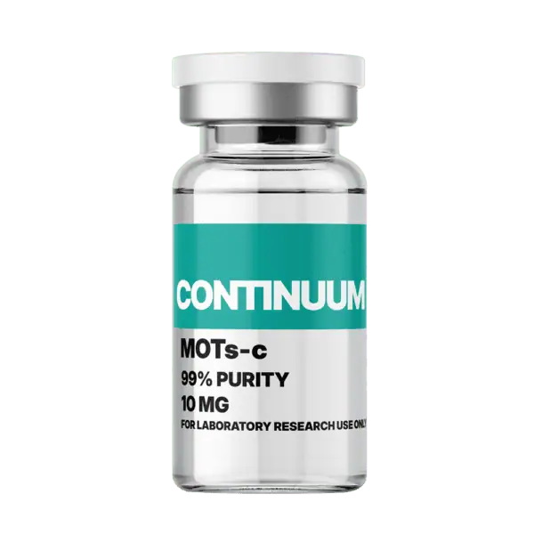 A clear glass vial labeled 'Continuum MOTs-c 99% Purity 10 mg' with a white cap, used for laboratory research and dietary supplement purposes.