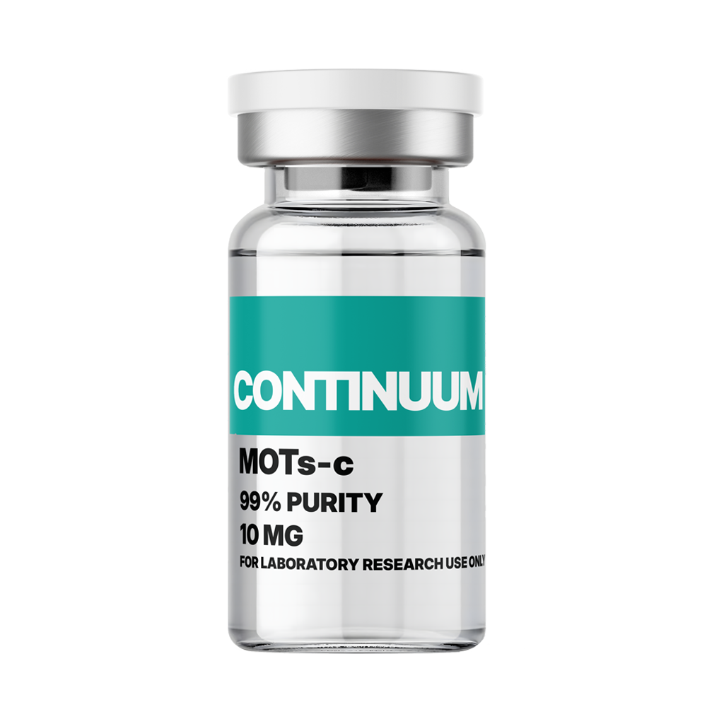 A clear glass vial labeled 'Continuum MOTs-c 99% Purity 10 mg' with a white cap, used for laboratory research and dietary supplement purposes.