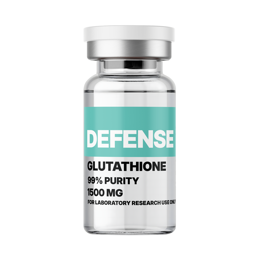 A small glass vial labeled 'Defense Glutathione 99% Purity 1500 mg' from Amino Pharm, designed for laboratory research and high-quality antioxidant support.