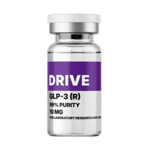 Amino Pharm Drive GLP-3 (R) supplement bottle with 99% purity, 10 mg dosage, designed for laboratory research use only, featuring a purple and white label.