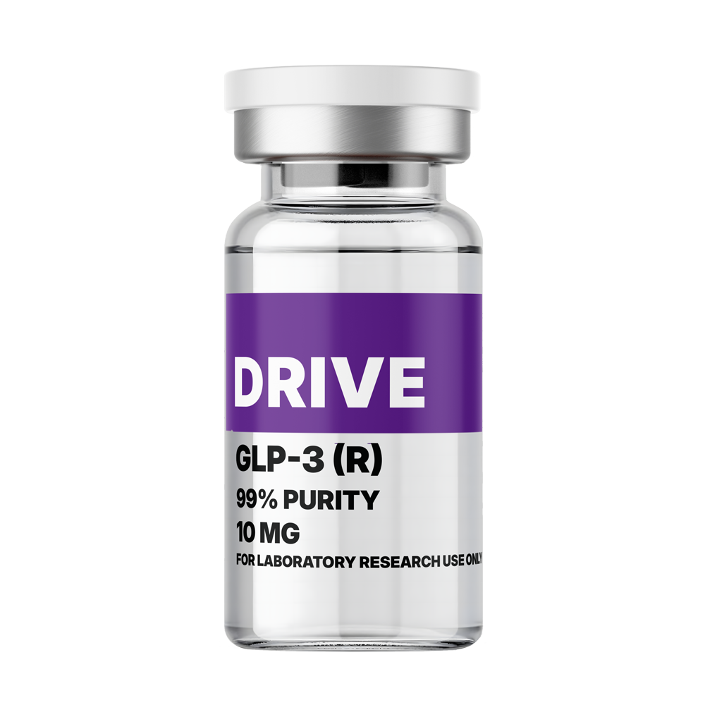 Amino Pharm Drive GLP-3 (R) supplement bottle with 99% purity, 10 mg dosage, designed for laboratory research use only, featuring a purple and white label.