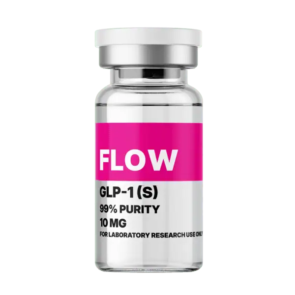 Amino Pharm Flow GLP-1 (S) supplement bottle with 99% purity, 10 mg for laboratory research, featuring a white and pink label and a secure cap.