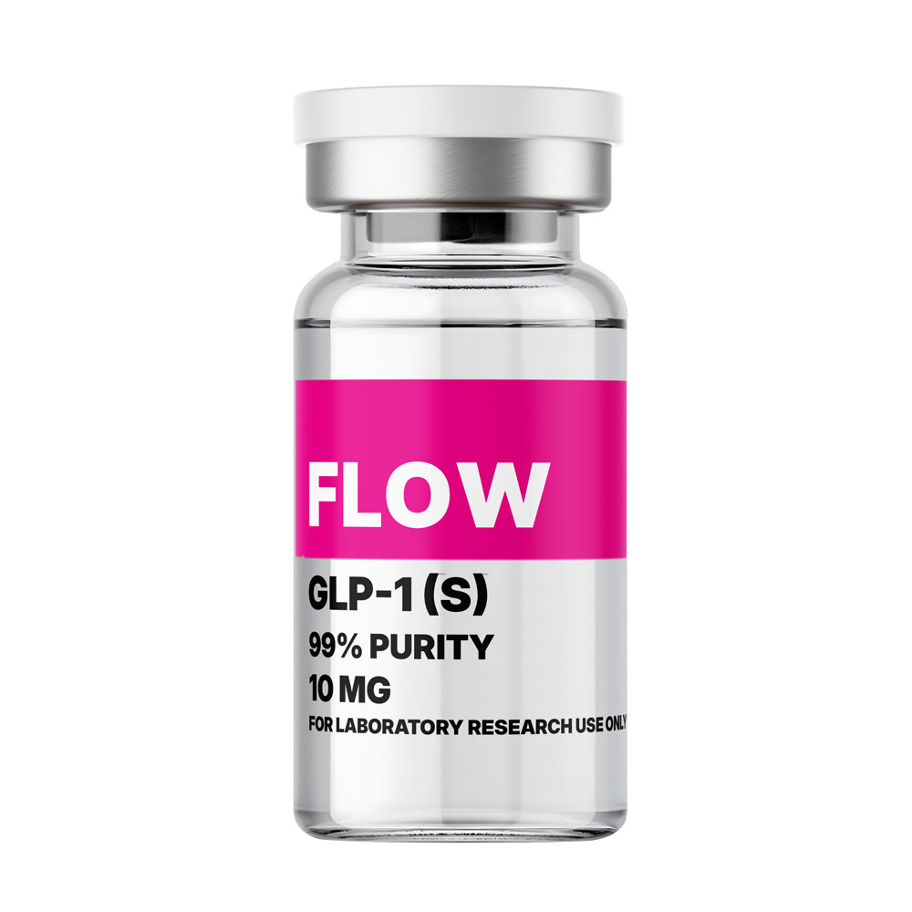 Amino Pharm Flow GLP-1 (S) supplement bottle with 99% purity, 10 mg for laboratory research, featuring a white and pink label and a secure cap.