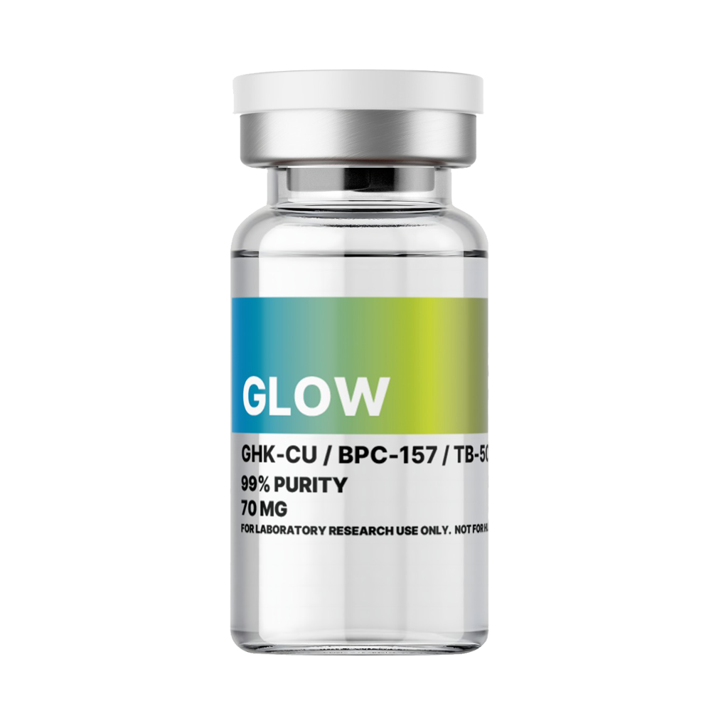 Amino Pharm Glow supplement bottle with GHK-CU/BPC-157 for research use, 99% purity, 70 mg, laboratory research only, not for human consumption.